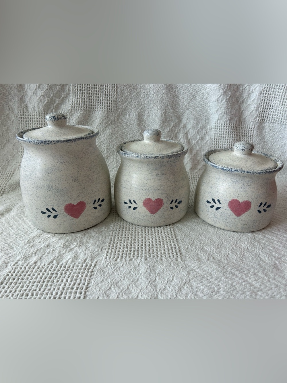Vintage Stoneware Country Cottage Canister Set of 3 Blue Heart